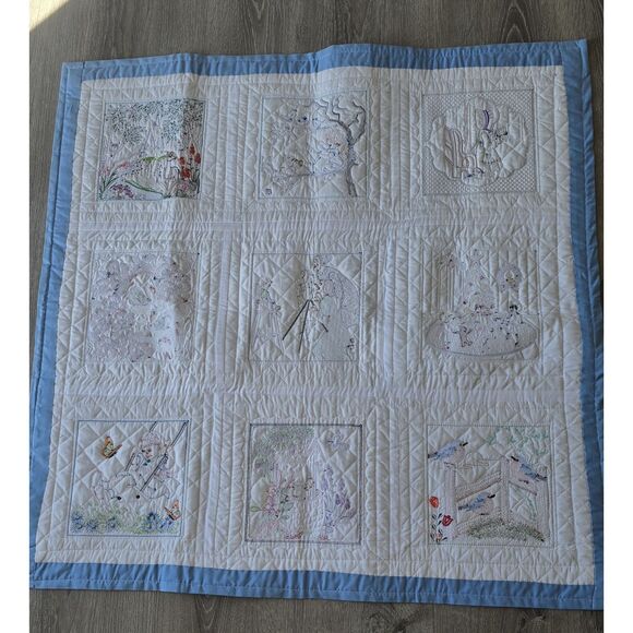 Sweet Handmade One of a Kind 38" Square Quilt ~ Detailed Embroidered Panels - Picture 13 of 16
